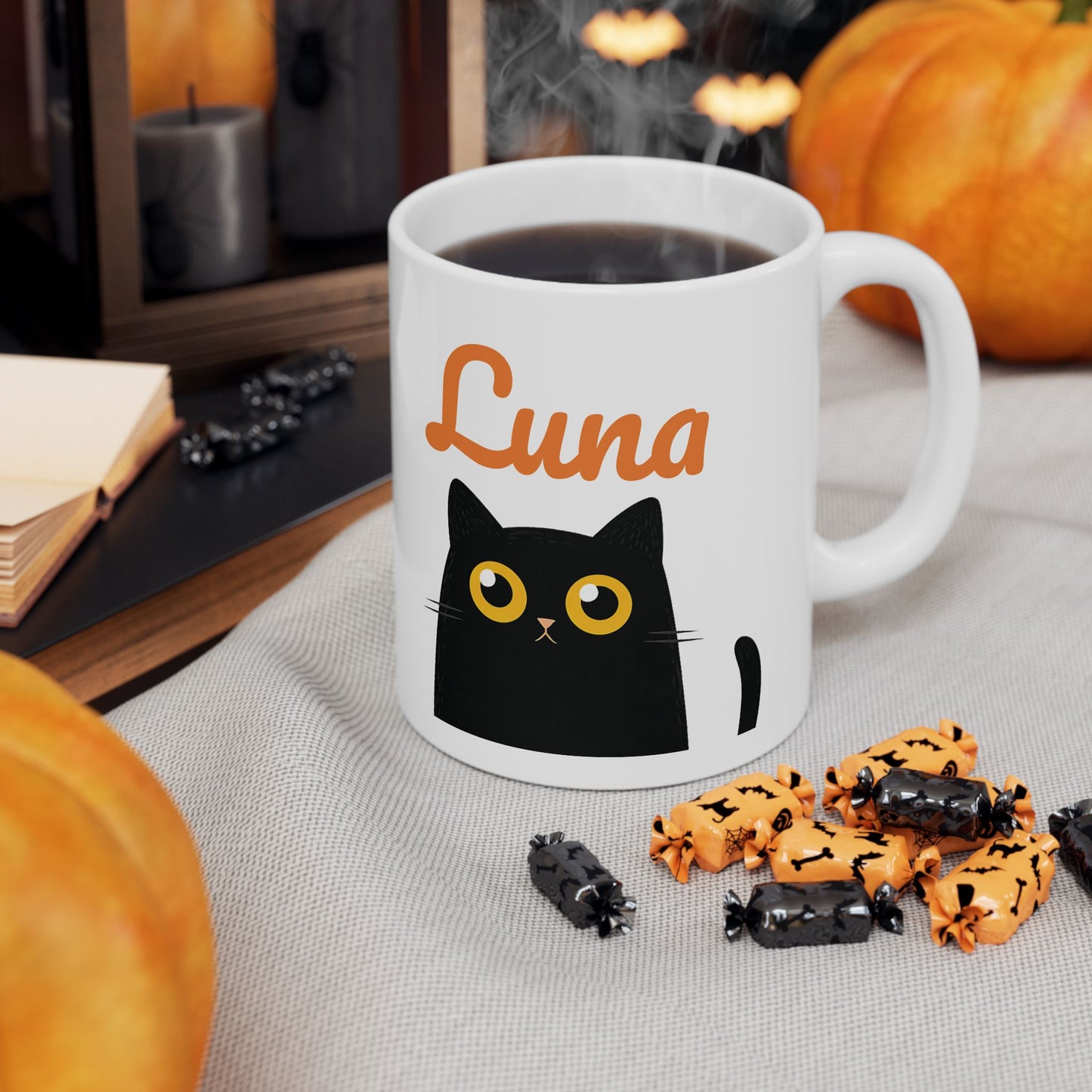 Personalized Black Cat Mug – Cute Cartoon Cat Coffee Cup – Custom Gift